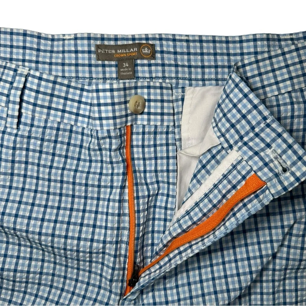 Peter Millar Crown Sport Lightweight Performance Seersucker Shorts Plaid Blue 34